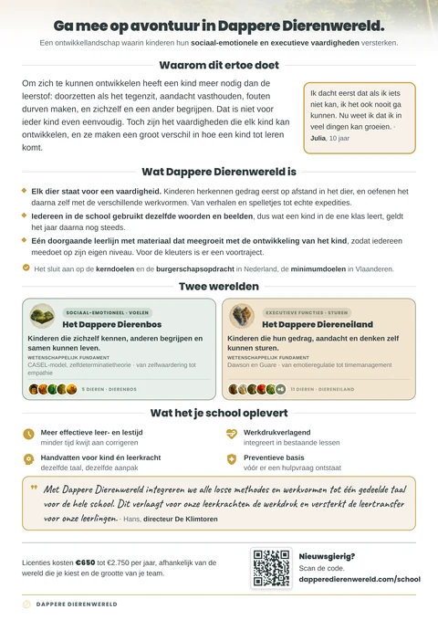 Het A4 van de Schoolpitchkit: wat Dappere Dierenwereld is, de twee werelden, wat het je school oplevert en wat een licentie kost.